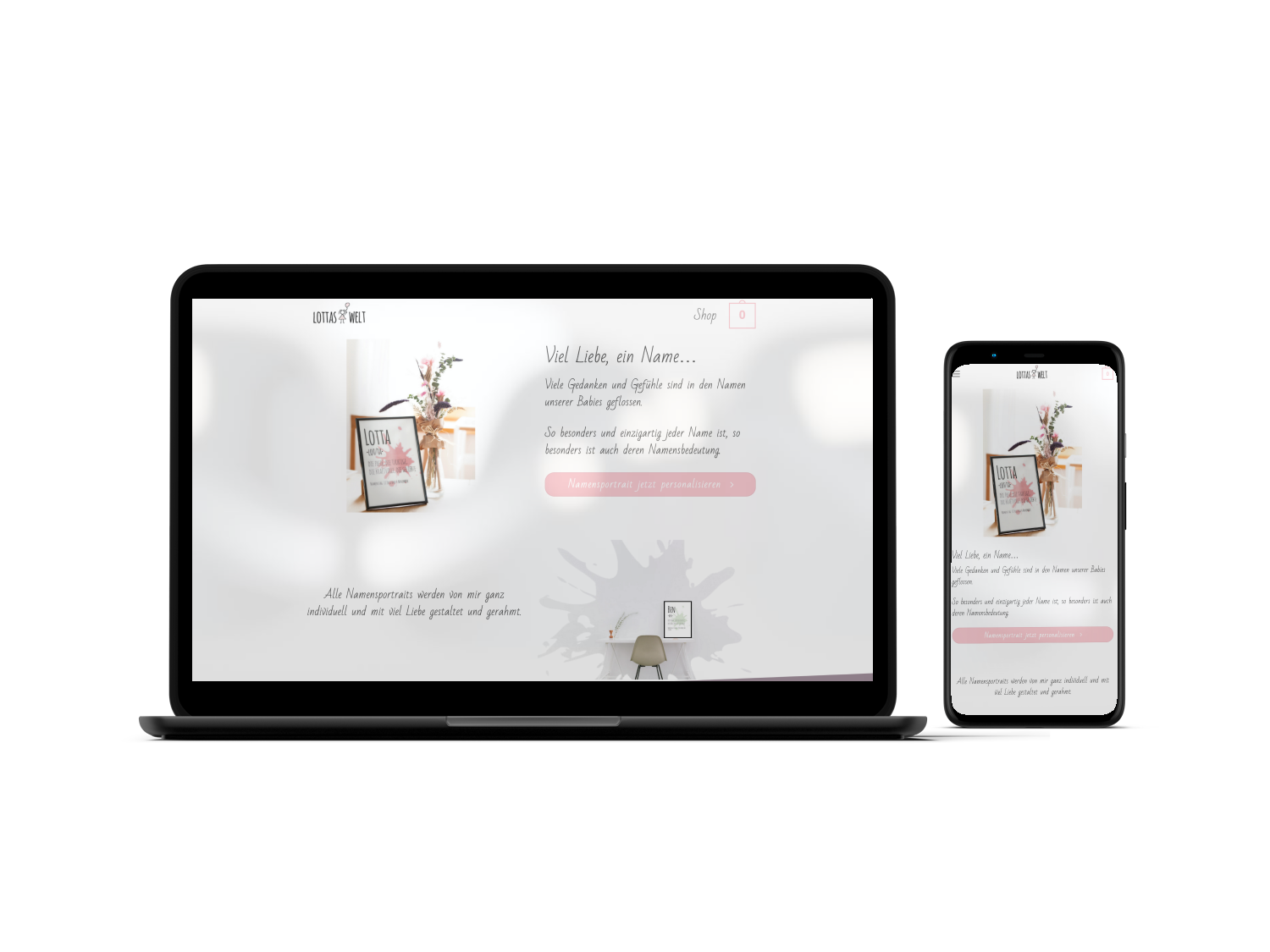 Webseite eines Onlineshops für individuelle Geschenke in mobiler und Desktop-Ansicht